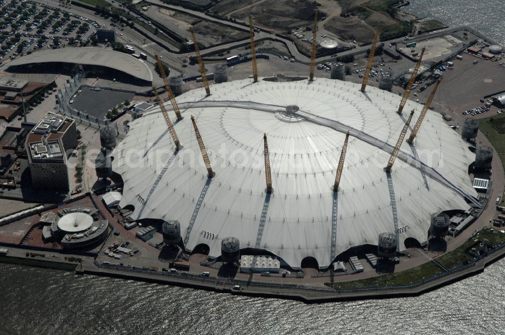 London from the bird's eye view: The O2 Arena is a multi-purpose indoor arena and large entertainment complex on the Greenwich peninsula and one of the Olympic and Paralympic venues for the 2012 Games in England, Great Britain