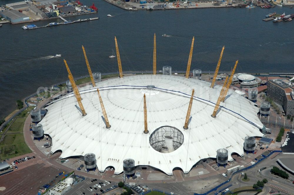 Aerial photograph London - The O2 Arena is a multi-purpose indoor arena and large entertainment complex on the Greenwich peninsula and one of the Olympic and Paralympic venues for the 2012 Games in England, Great Britain