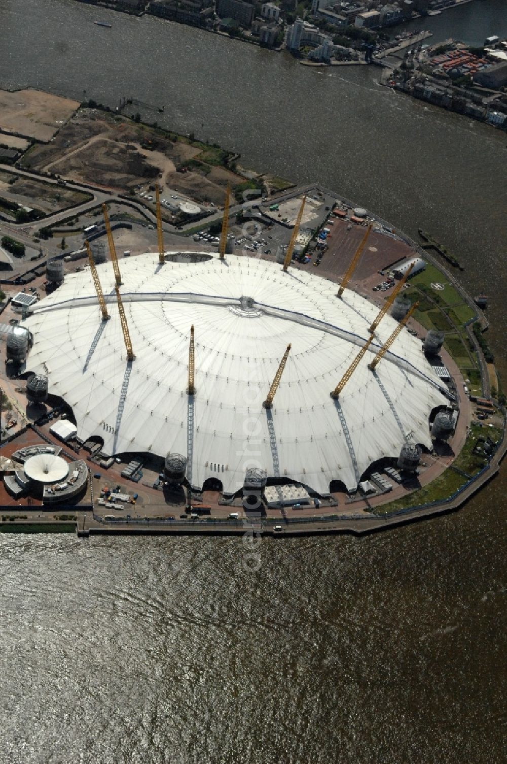 Aerial photograph London - The O2 Arena is a multi-purpose indoor arena and large entertainment complex on the Greenwich peninsula and one of the Olympic and Paralympic venues for the 2012 Games in England, Great Britain