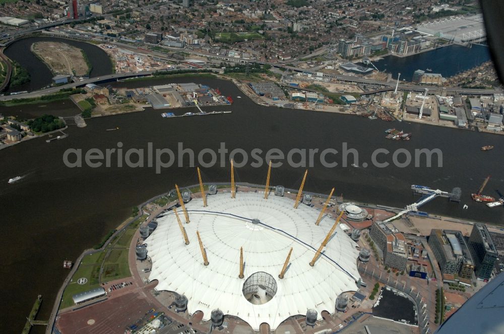 London from above - The O2 Arena is a multi-purpose indoor arena and large entertainment complex on the Greenwich peninsula and one of the Olympic and Paralympic venues for the 2012 Games in England, Great Britain