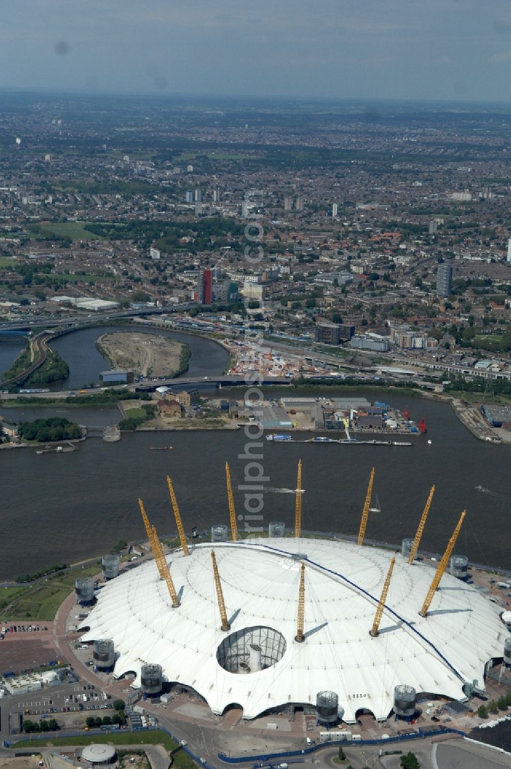 London from the bird's eye view: The O2 Arena is a multi-purpose indoor arena and large entertainment complex on the Greenwich peninsula and one of the Olympic and Paralympic venues for the 2012 Games in England, Great Britain