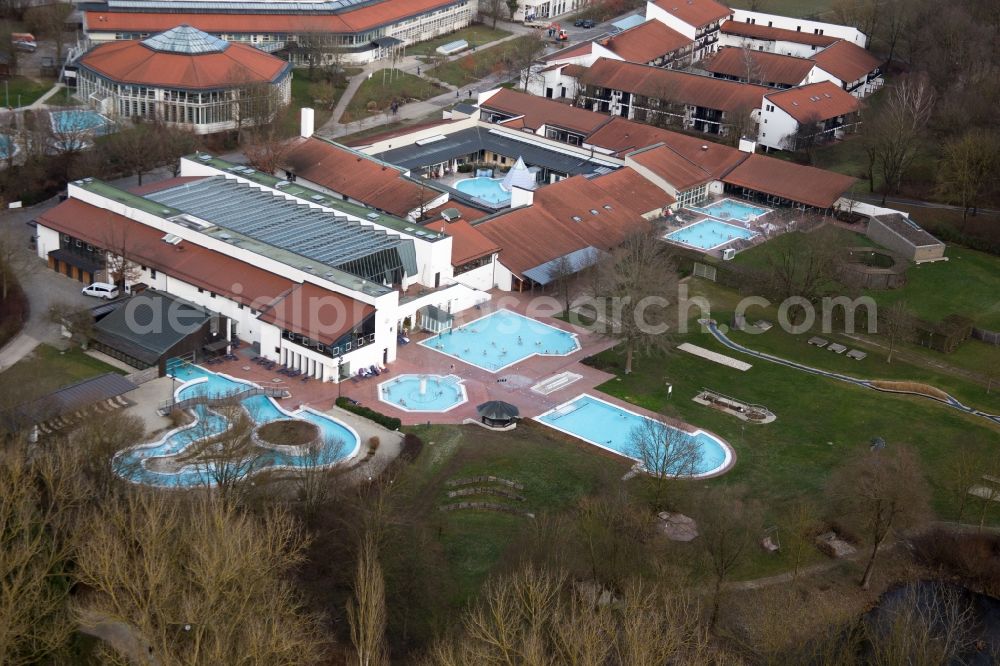 Bad Birnbach from above - Spa and swimming pools at the swimming pool of the leisure facility Rottal Terme in Bad Birnbach in the state Bavaria
