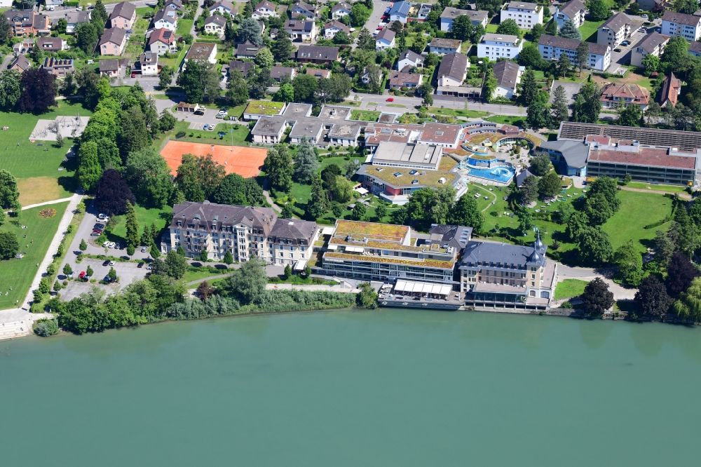 Rheinfelden from the bird's eye view: Hospital, spa and swimming pools at the Rhine river of the leisure and Wellness facility in Rheinfelden in the canton Aargau, Switzerland