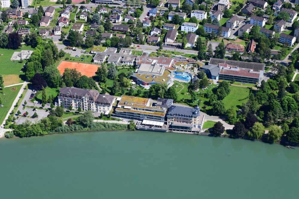 Aerial image Rheinfelden - Hospital, spa and swimming pools at the Rhine river of the leisure and Wellness facility in Rheinfelden in the canton Aargau, Switzerland