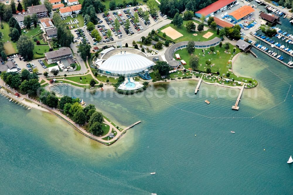 Prien am Chiemsee from above - Spa and swimming pool at the indoor pool and outdoor pool of the PRIENAVERA leisure facility in Prien am Chiemsee in the state of Bavaria, Germany