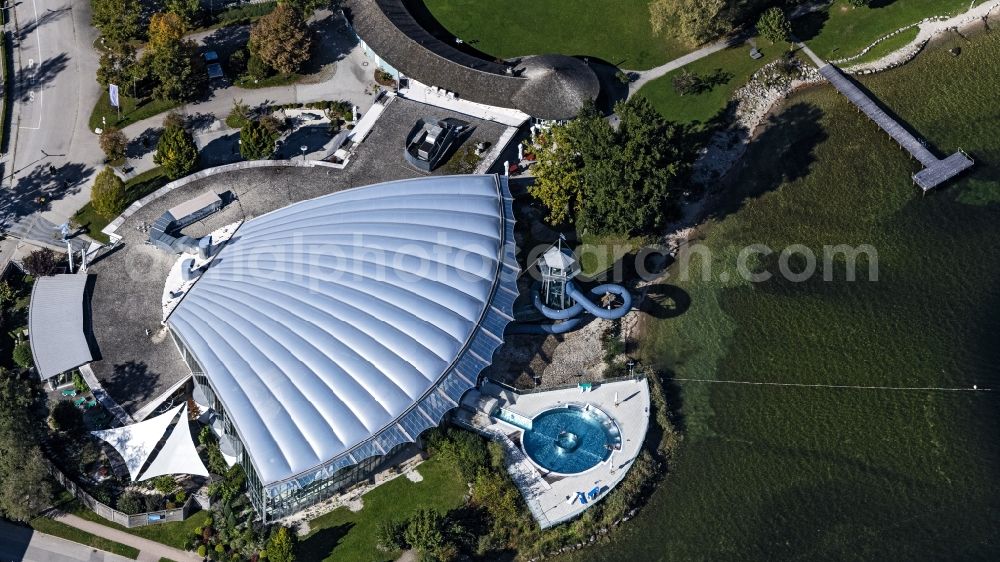 Prien am Chiemsee from the bird's eye view: Spa and swimming pool at the indoor pool and outdoor pool of the PRIENAVERA leisure facility in Prien am Chiemsee in the state of Bavaria, Germany