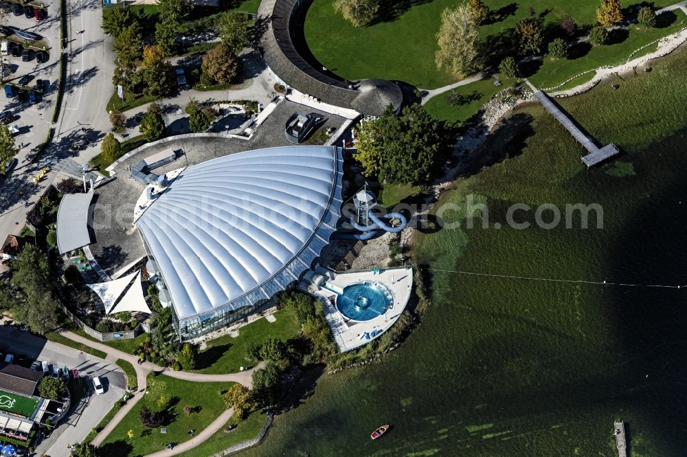 Aerial image Prien am Chiemsee - Spa and swimming pool at the indoor pool and outdoor pool of the PRIENAVERA leisure facility in Prien am Chiemsee in the state of Bavaria, Germany