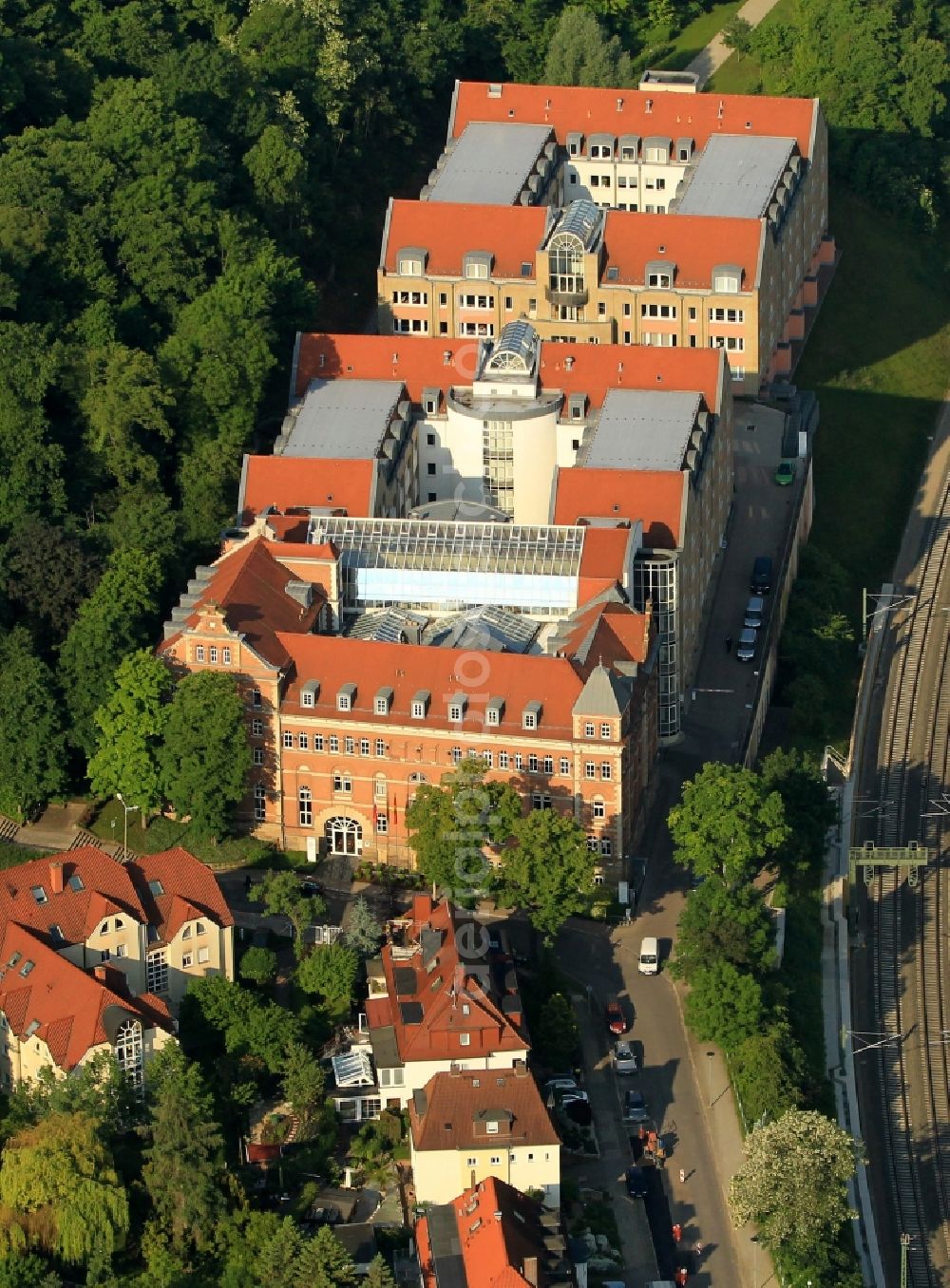Aerial image Erfurt - View at the interior ministry of Thuringia at the Steigertraße in Erfurt in Thuringia