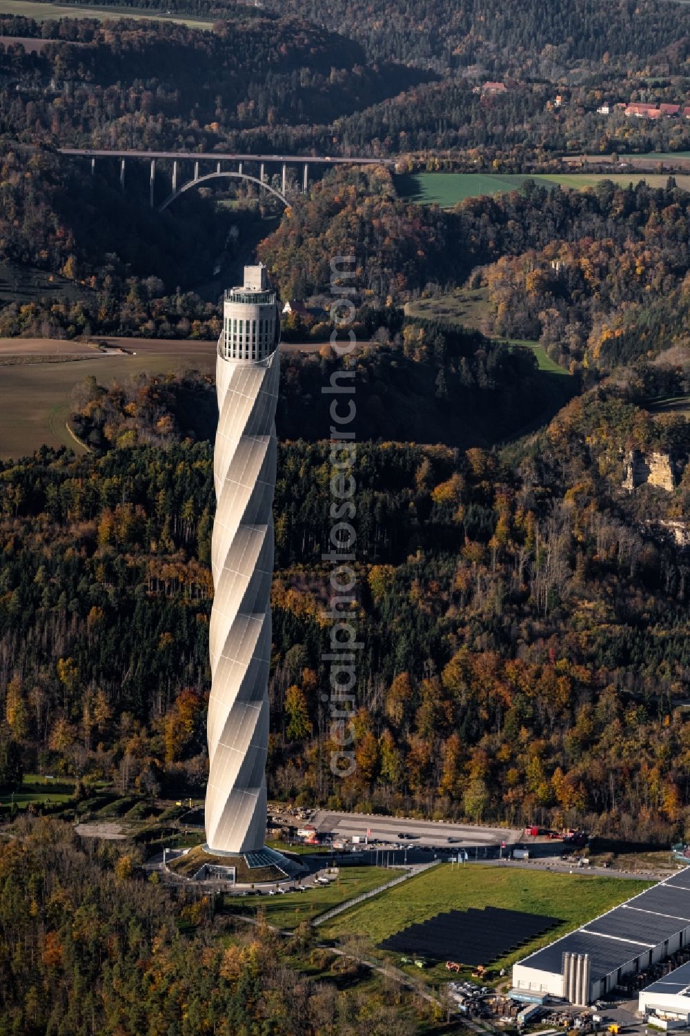 Aerial image Rottweil - Site of the ThyssenKrupp testing tower for Speed elevators in Rottweil in Baden - Wuerttemberg