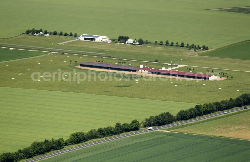 Umpferstedt from above - Animal breeding stables for chicken of the Huehnerhof Mellingen GmbH at the Flugplatz Weimar Umpferstedt in Umpferstedt in the state Thuringia, Germany