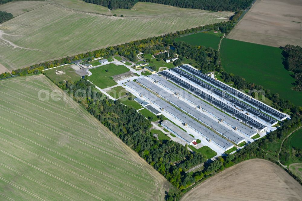 Aerial photograph Kuhlowitz - Stalled equipment for poultry farming and poultry production Duck-tec Brueterei GmbH in Kuhlowitz in the state Brandenburg, Germany