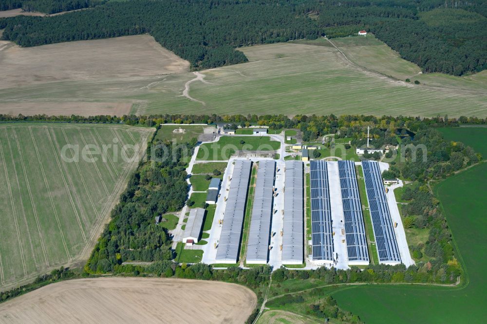 Kuhlowitz from the bird's eye view: Stalled equipment for poultry farming and poultry production Duck-tec Brueterei GmbH in Kuhlowitz in the state Brandenburg, Germany