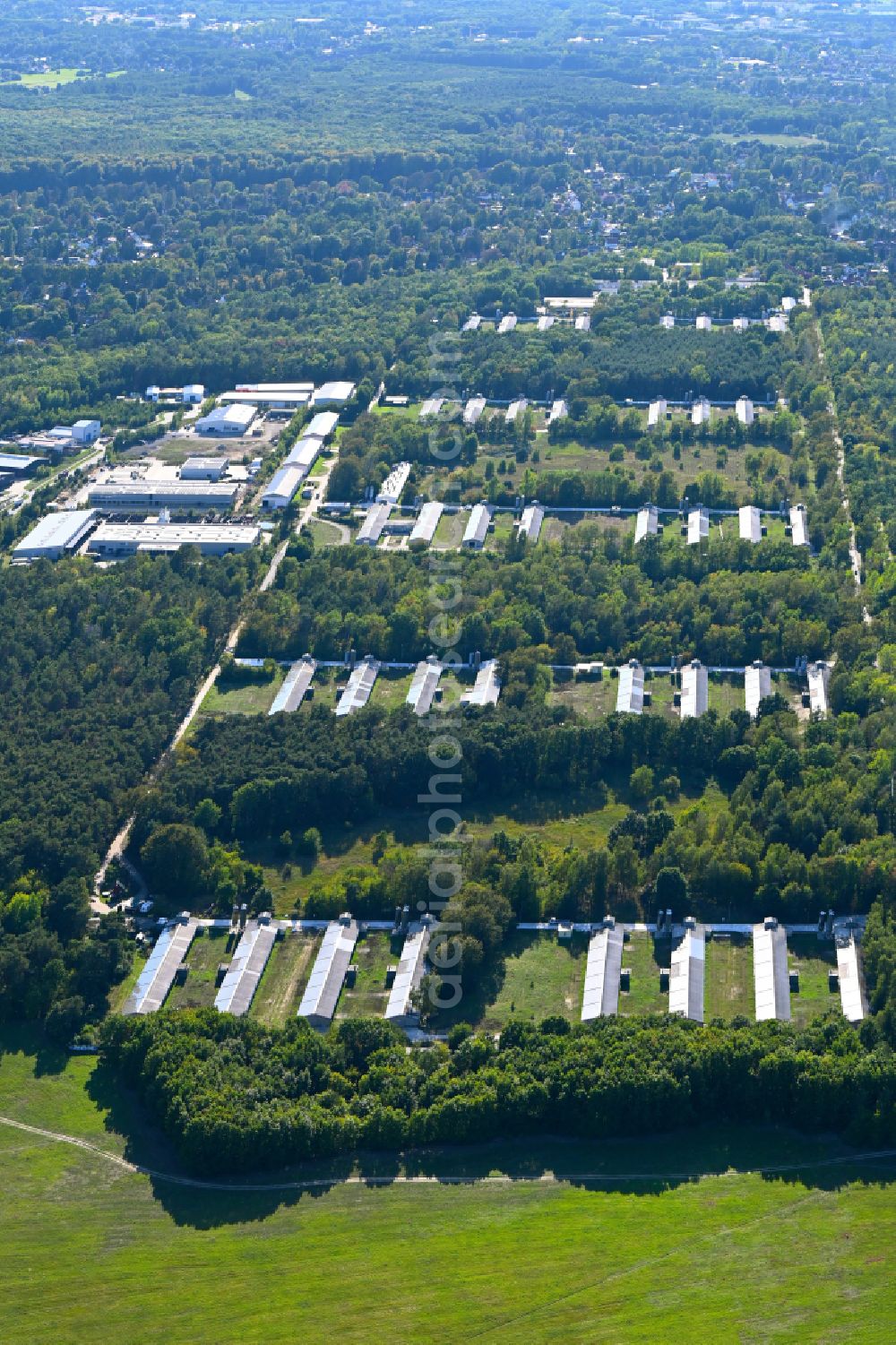 Aerial image Königs Wusterhausen - Stalled equipment for poultry farming and poultry production in the district Zernsdorf in Koenigs Wusterhausen in the state Brandenburg, Germany