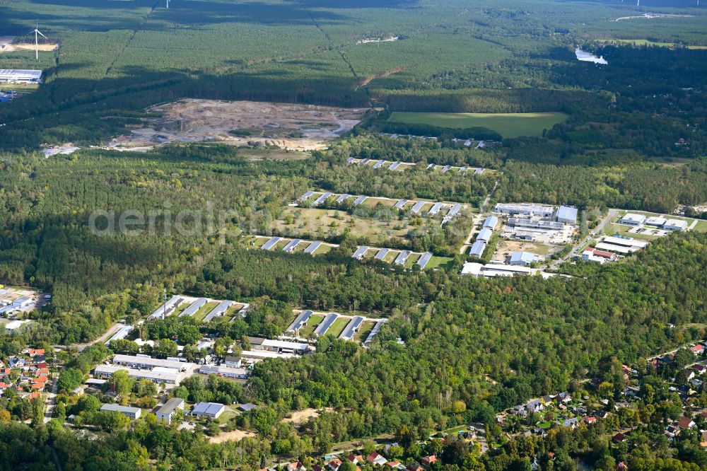 Aerial image Zernsdorf - Stalled equipment for poultry farming and poultry production in Zernsdorf in the state Brandenburg, Germany