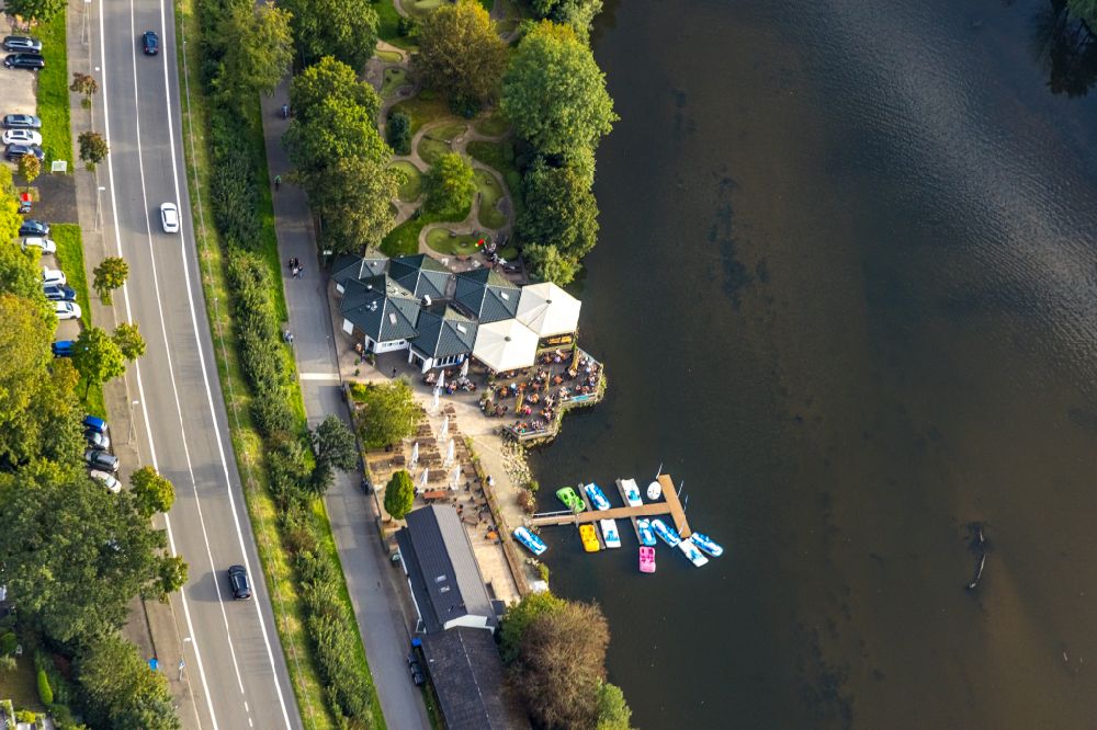 Aerial image Olpe - Tables and benches of open-air restaurant Bootshaus Biggesee GmbH on street Seeweg in Olpe at Sauerland in the state North Rhine-Westphalia, Germany