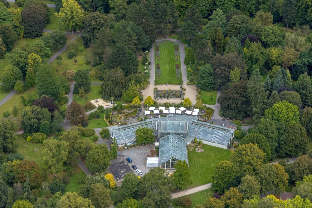 Dortmund from above - Greenhouses with adjoining open-air restaurant Cafe Orchidee in Rombergpark in in Dortmund in the Ruhr area in the state North Rhine-Westphalia, Germany