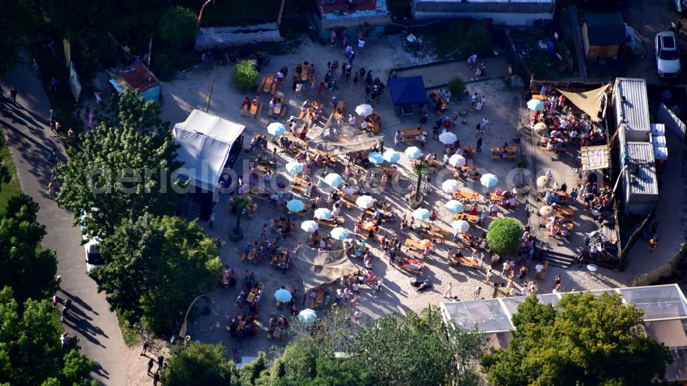 Aerial image Bonn - Tables and benches of open-air restaurants Bikini-Beach in the district Oberkassel in Bonn in the state North Rhine-Westphalia, Germany