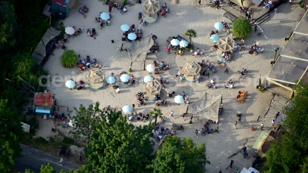 Bonn from above - Tables and benches of open-air restaurants Bikini-Beach in the district Oberkassel in Bonn in the state North Rhine-Westphalia, Germany