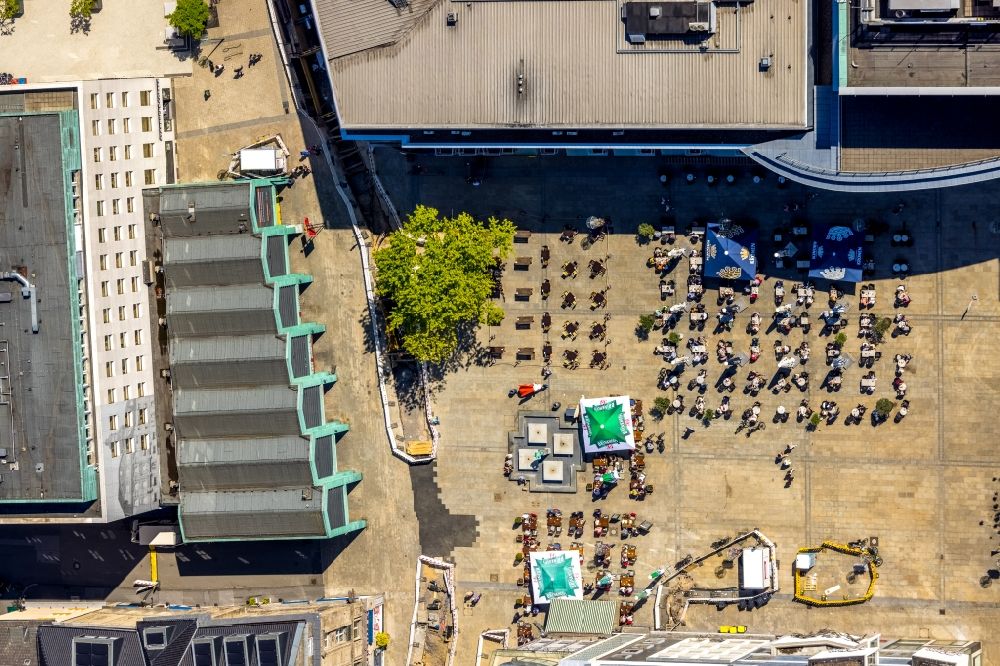 Aerial image Dortmund - Tables and benches of open-air restaurants on Markt in Dortmund in the state North Rhine-Westphalia, Germany