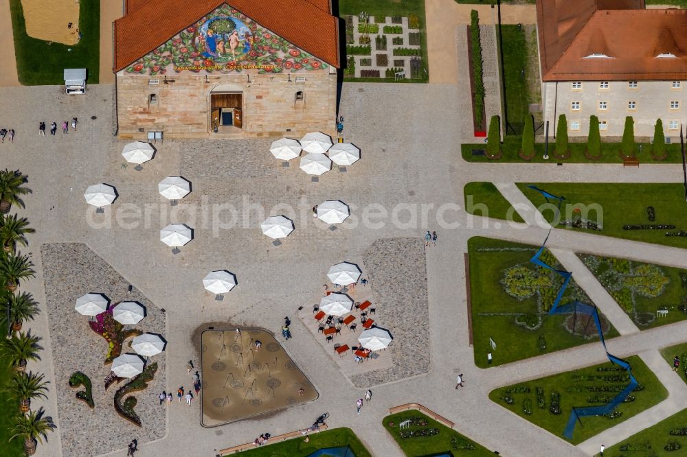 Erfurt from above - Tables and benches in the open-air restaurants on the Petersberg in the Egapark on the occasion of the BUGA Federal Garden Show in the district Altstadt in Erfurt in the state Thuringia, Germany