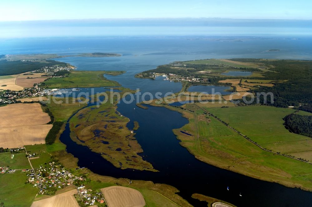 Kröslin from above - Ponds and Morast- water surface in a pond landscape along the course of the Peenestrom river at the Kroesliner See in Kroeslin in the state Mecklenburg - Western Pomerania, Germany
