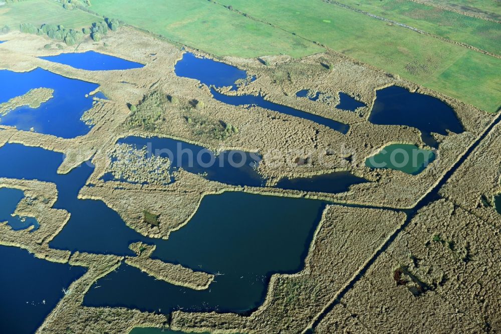 Päwesin from above - Ponds and Morast- water surface in a pond landscape in Paewesin in the state Brandenburg, Germany