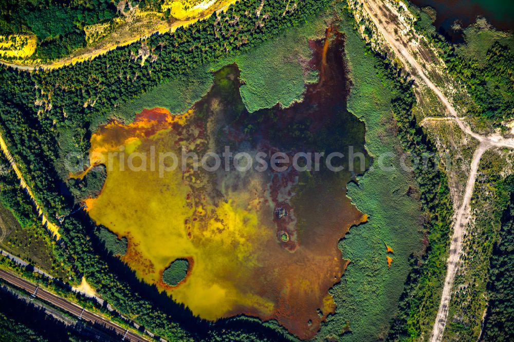 Aerial image Schwarzheide - Pond water surface and pond oasis with brightly colored discharges from the nearby chemical industry and sediment deposits in Schwarzheide in the state of Brandenburg, Germany