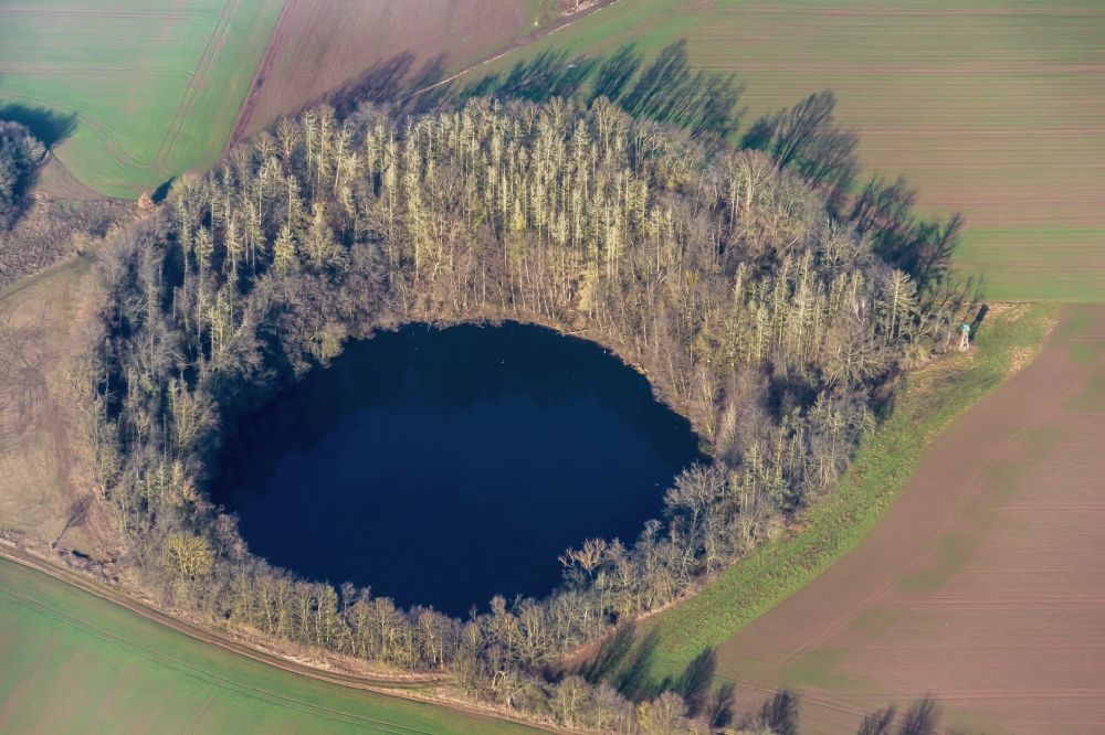 Aerial photograph Werther - Pond water surface and pond oasis Grosses Seeloch and Moosloch in Werther in the state Thuringia, Germany