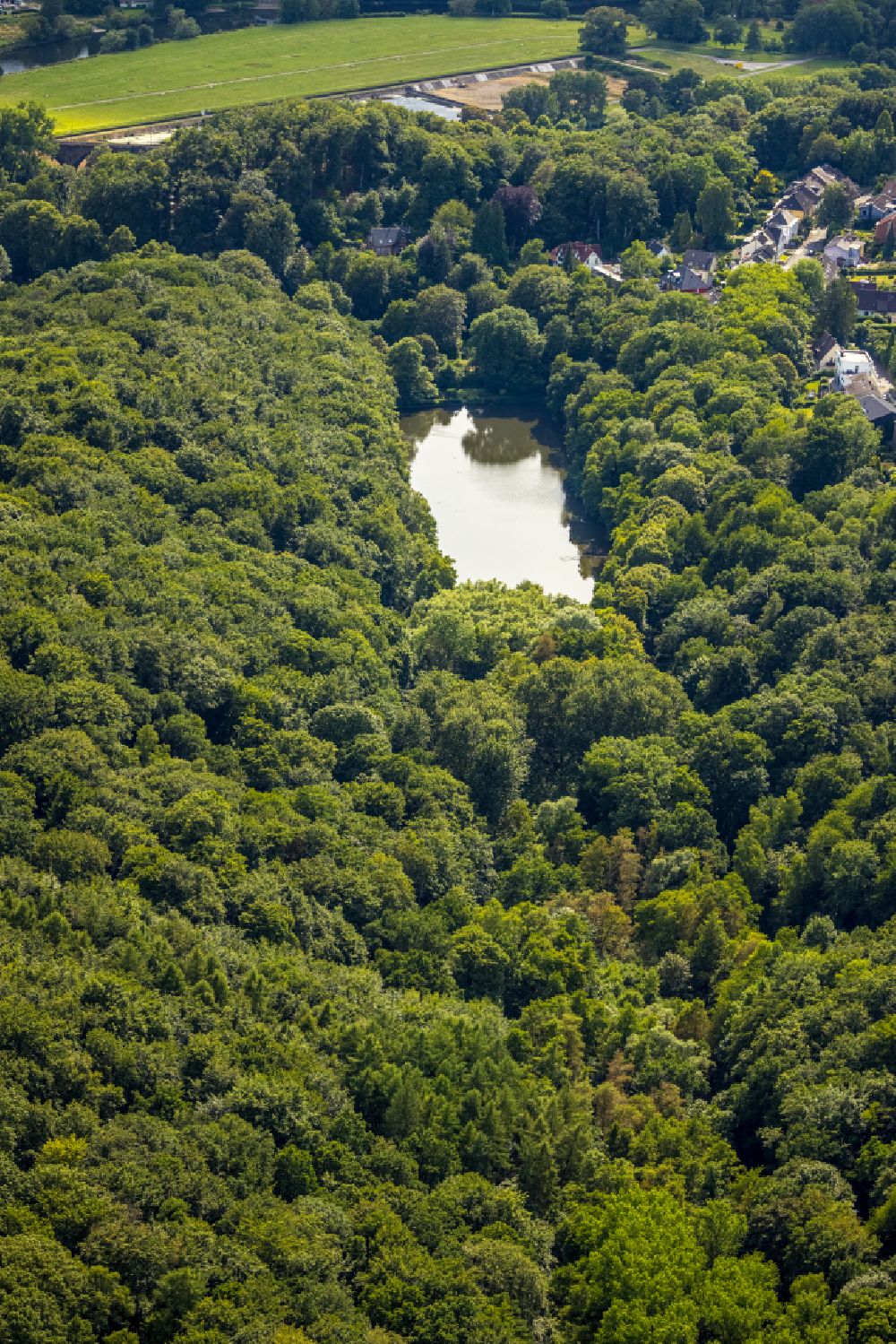 Aerial image Witten - Pond water surface and pond oasis Hammerteich in Witten in the state North Rhine-Westphalia, Germany