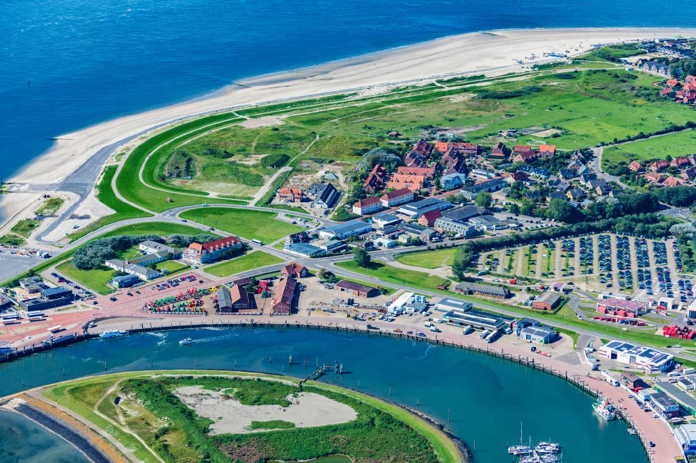 Aerial photograph Norderney - At the barrel yard, barrels (seamarks) are processed and brought back into the mudflats on the island of Norderney in the state of Lower Saxony, Germany