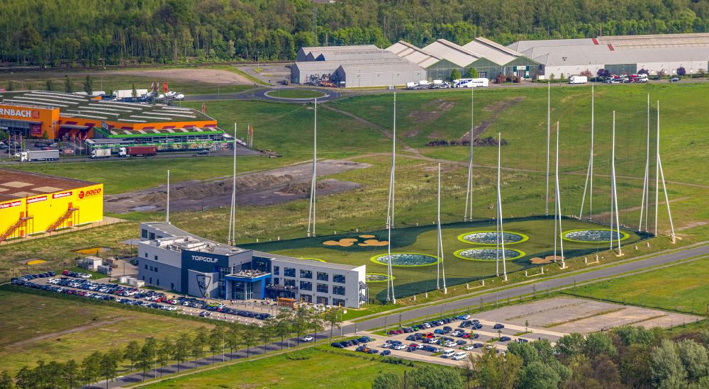 Oberhausen from the bird's eye view: Topgolf facility in the BusinessPark.O industrial park on Brammenring in Oberhausen in the Ruhr area in the state of North Rhine-Westphalia, Germany
