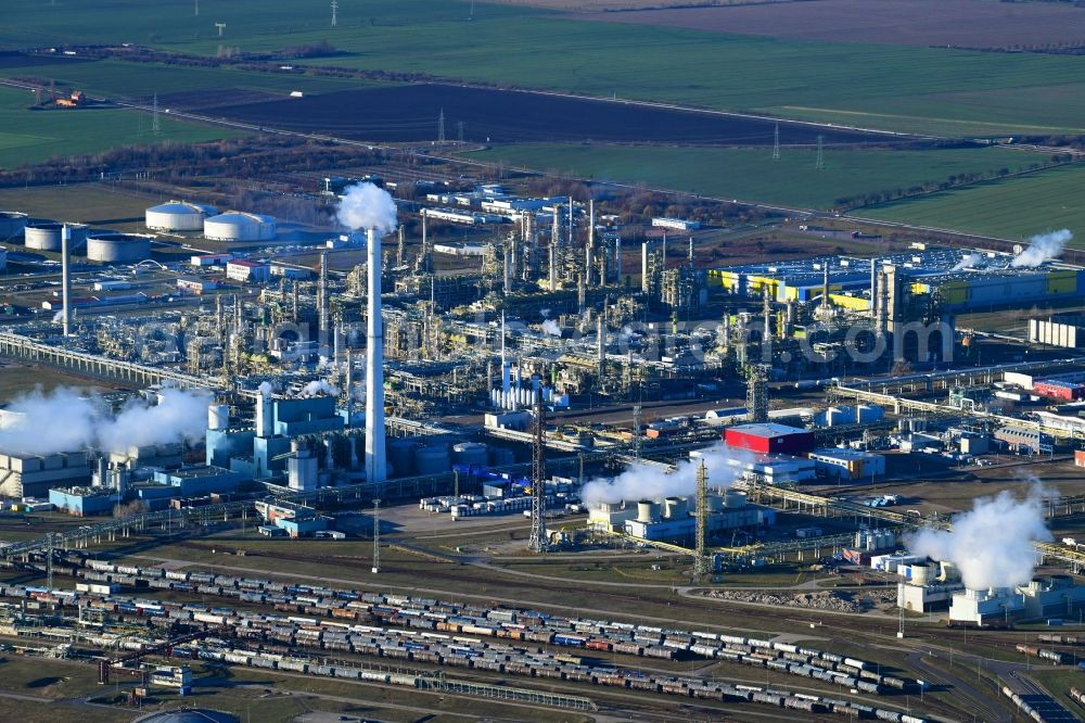 Aerial image Leuna - TOTAL refinery in central Germany in Leuna in the federal state of Saxony-Anhalt. The TOTAL refinery chemical site Leuna is one of the most modern refineries in Europe