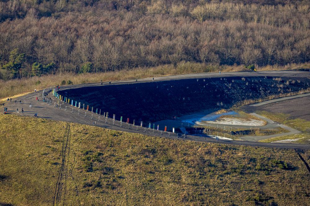 Bottrop from above - Brightly colored totems on the plateau of the Monte Schlacko site on a hill of the former mining dump Haniel in Bottrop in the Ruhr area in the state of North Rhine-Westphalia