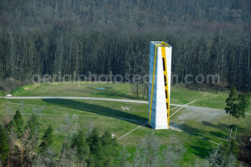 Wangen from above - Tourist attraction and sightseeing towerat the site of sky disc of Nebra Himmelsscheibe in Wangen in the state Saxony-Anhalt, Germany
