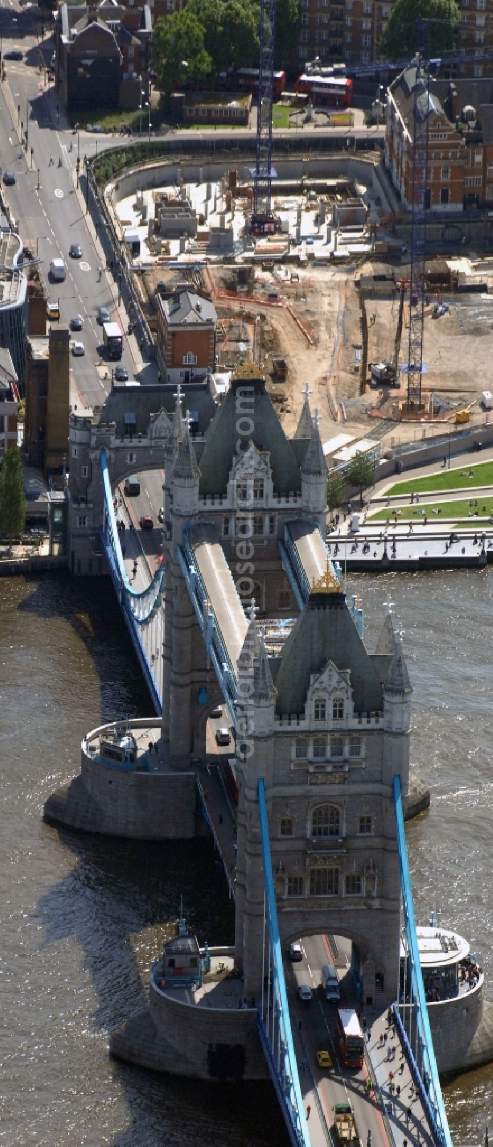 Aerial photograph London - View of Tower Bridge on the banks of the Thames - the symbol of London
