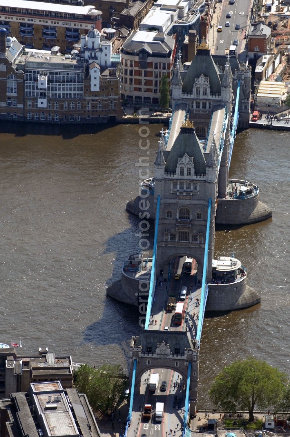 Aerial photograph London - View of Tower Bridge on the banks of the Thames - the symbol of London