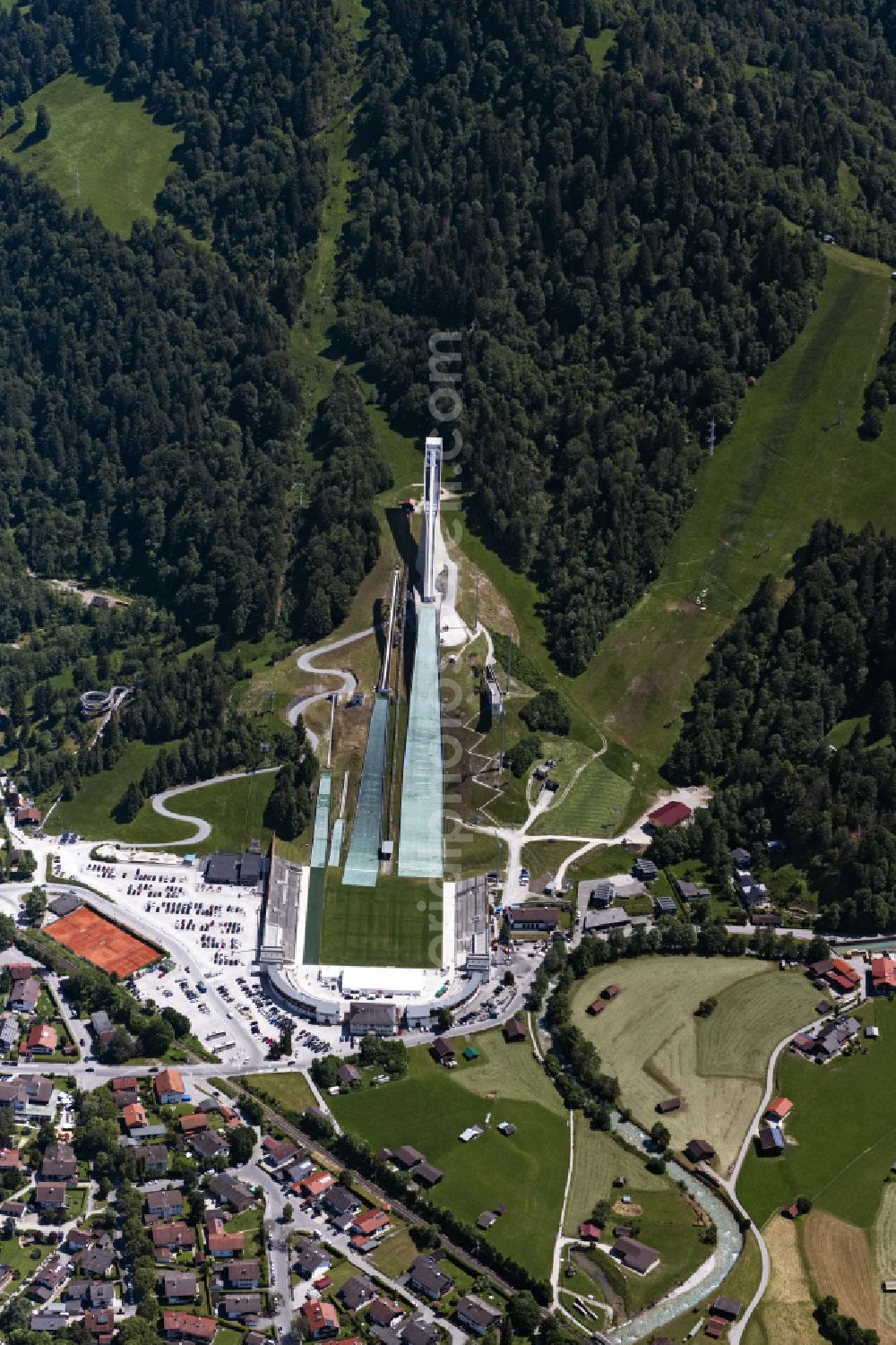 Garmisch-Partenkirchen from the bird's eye view: Training and competitive sports center of the ski jump Garmisch-Partenkirchen on place Karl und Martin Neuner-Platz in Garmisch-Partenkirchen in the state Bavaria, Germany