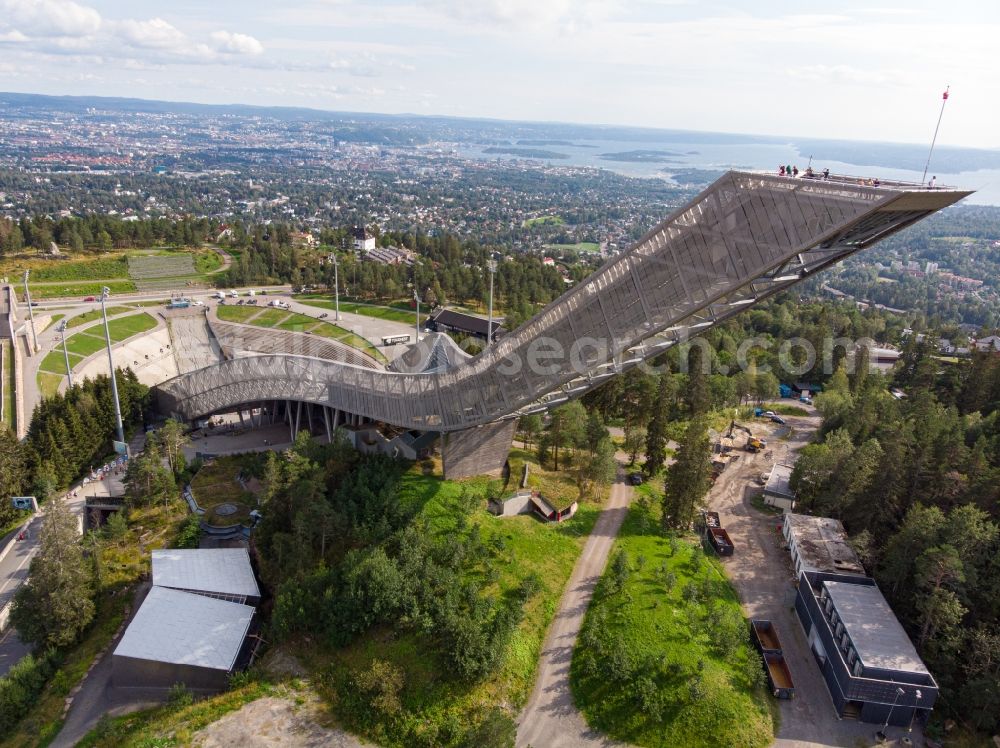 Oslo from above - Training and competitive sports center of the ski jump Holmenkollbakken in Oslo in Norway