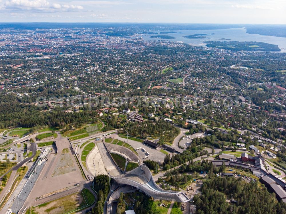 Oslo from the bird's eye view: Training and competitive sports center of the ski jump Holmenkollbakken in Oslo in Norway