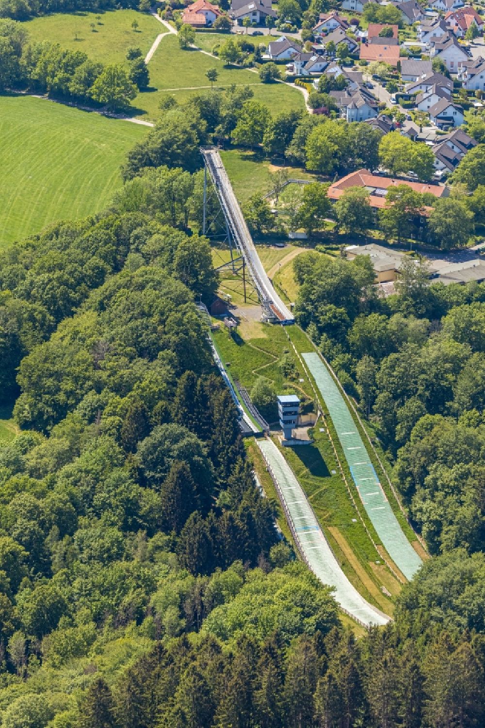 Meinerzhagen from the bird's eye view: Training and competitive sports center of the ski jump in Meinerzhagen in the state North Rhine-Westphalia, Germany