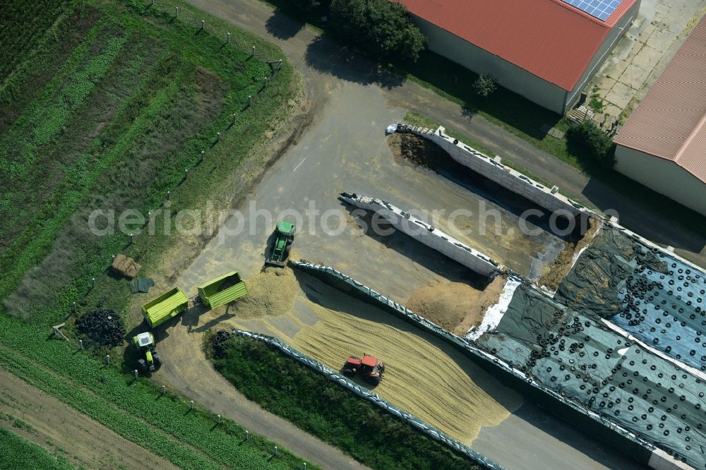 Aerial photograph Zschepplin - Tractors on a farm and agricultural estate on the edge of Zschepplin in the state of Saxony. The compound with its halls and agricultural facilities is located in the North of the borough