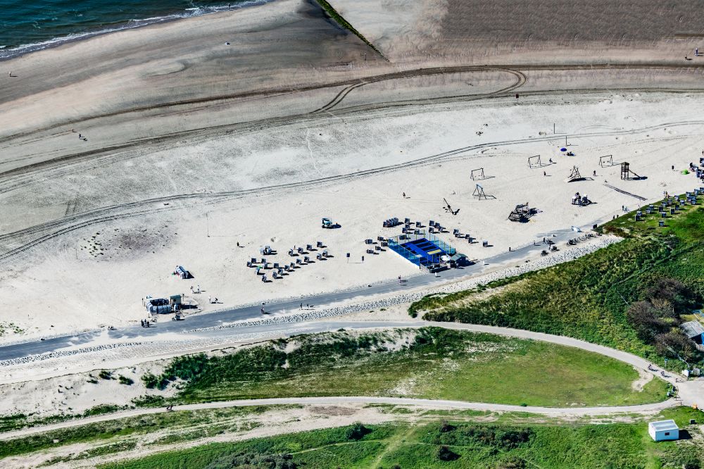 Norderney from above - Trampoline facility on the west beach on the island of Norderney in the state of Lower Saxony, Germany
