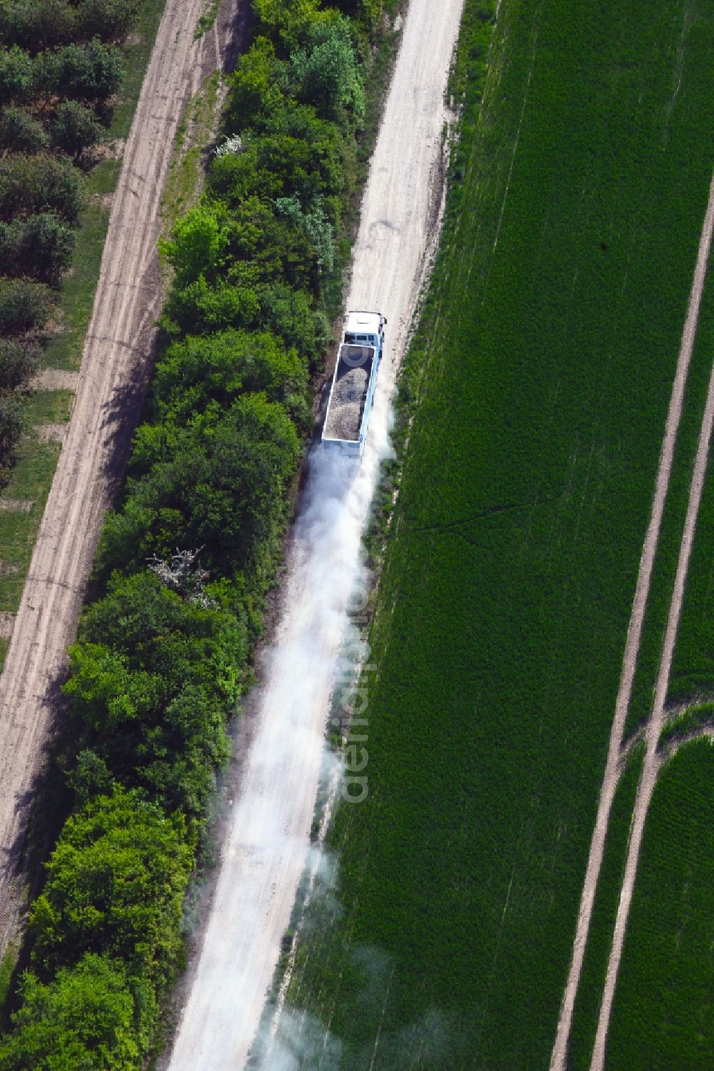 Aerial photograph Felchta - Transport vehicles in agricultural fields in Felchta in the state Thuringia, Germany