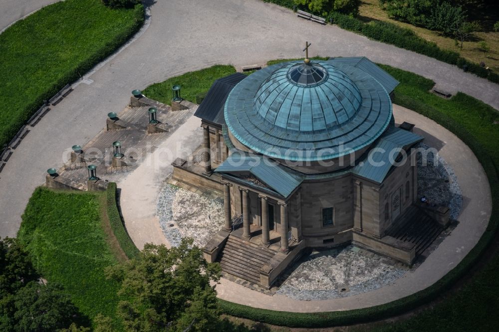 Rotenberg from above - Funeral hall and grave chapel for burial on the grounds of the cemetery on the Wuerttemberg in Rotenberg in the state Baden-Wurttemberg, Germany