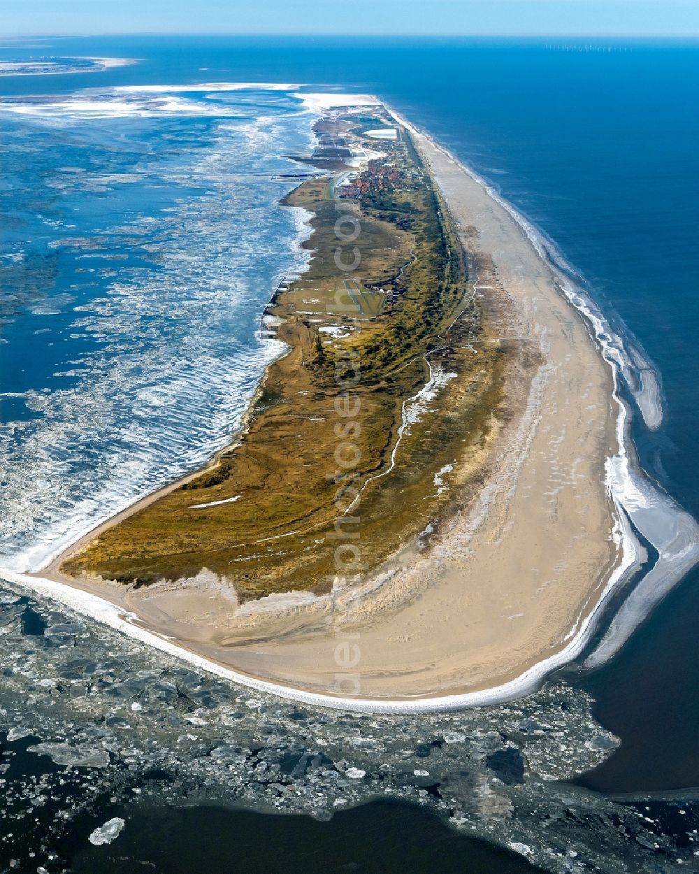 Aerial image Juist - Ice floe pieces of a drift ice layer on the water surface vor of Nordsee- Island in Juist in the state Lower Saxony, Germany