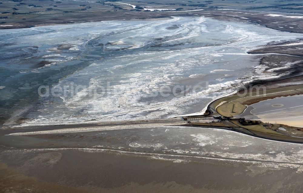 Aerial image Leyhörn - Ice floe pieces of a drift ice layer on the water surface vor of Nordsee- Kueste in Leyhoern in the state Lower Saxony, Germany