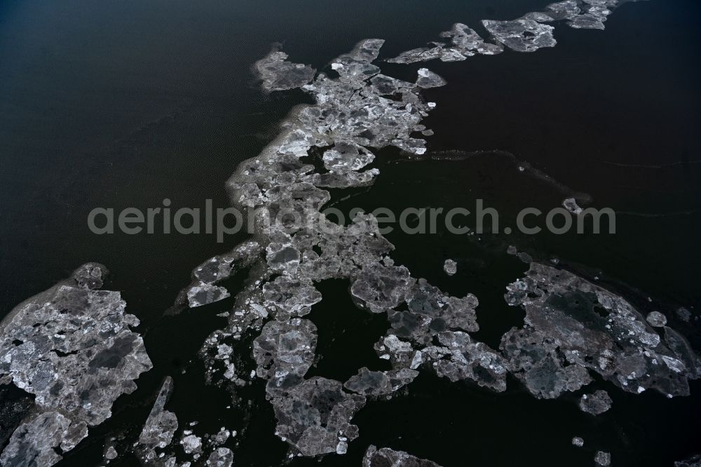 Aerial photograph Memmert - Ice floe pieces of a drift ice layer on the water surface in Wattenmeer of Nordsee vor of Island Memmert in the state Lower Saxony, Germany