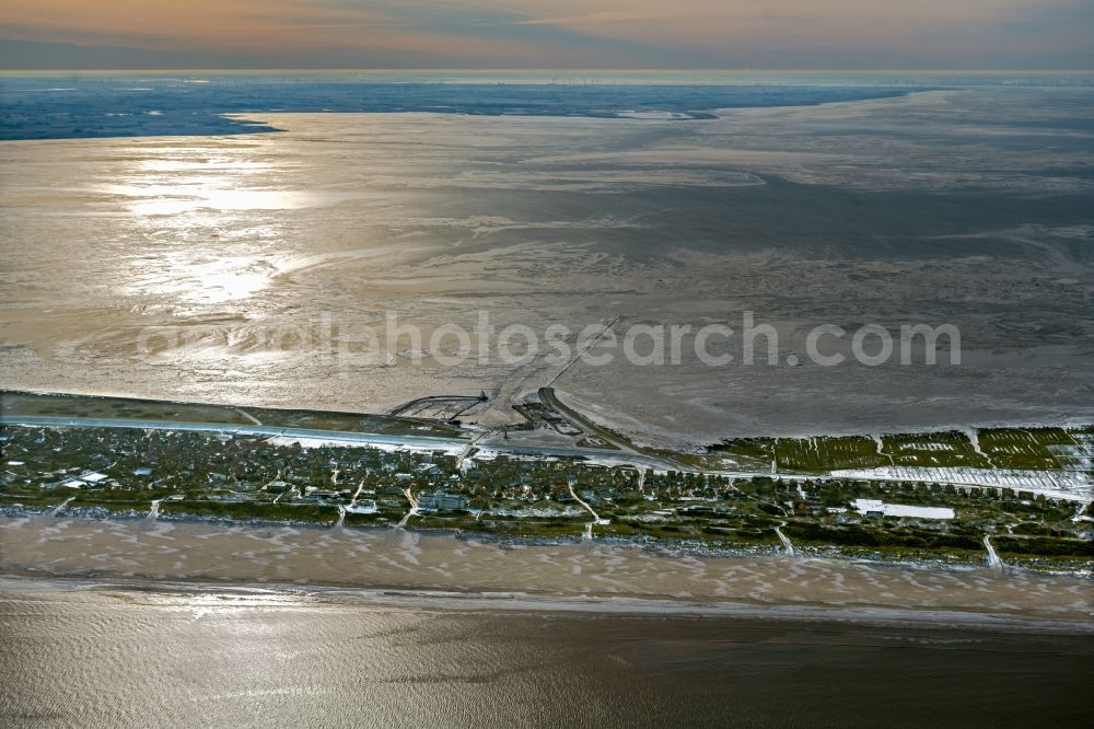 Aerial image Juist - Ice floe pieces of a drift ice layer on the water surface in the Wadden Sea of a??a??the North Sea between the island of Juist and the mainland in the state of Lower Saxony, Germany