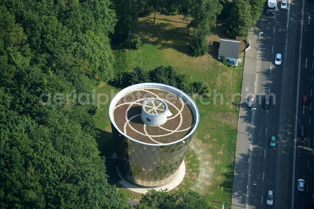 Chemnitz from the bird's eye view: Drinking water reservoir at Kuechwald Park in Chemnitz in the state of Saxony. The 22 m high tower has a stainless steel facade