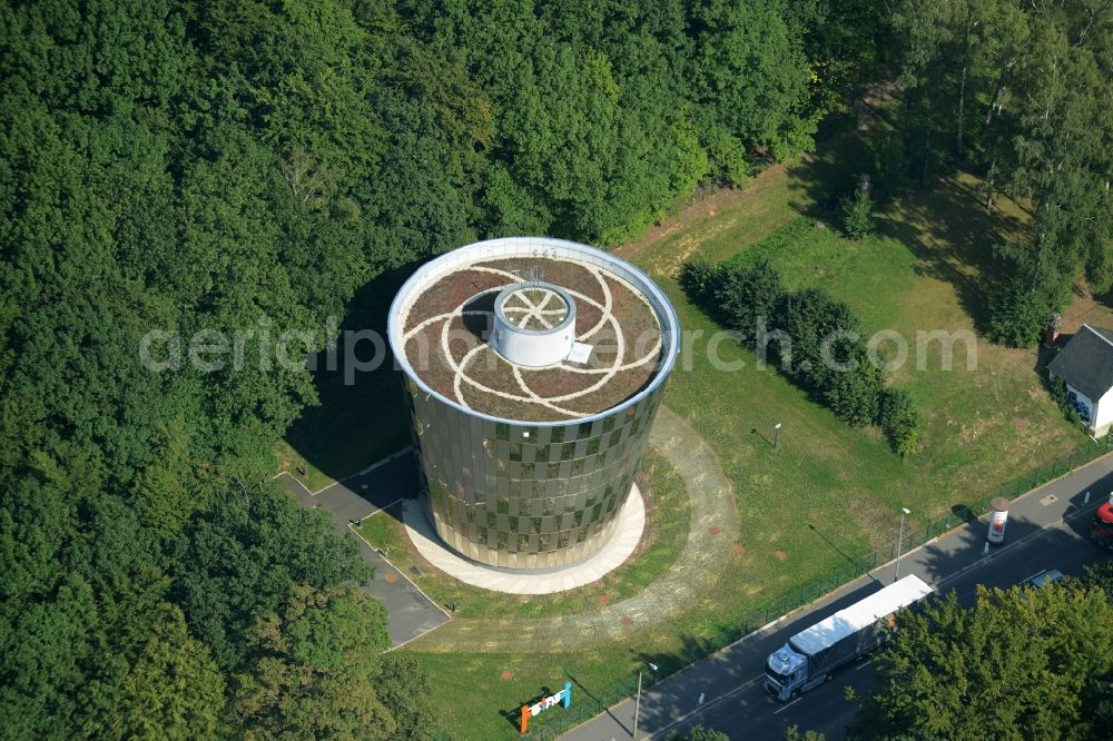 Aerial image Chemnitz - Drinking water reservoir at Kuechwald Park in Chemnitz in the state of Saxony. The 22 m high tower has a stainless steel facade